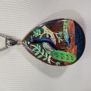 𝅺HAND-PAINTED Sterling Peacock Lg Pendant